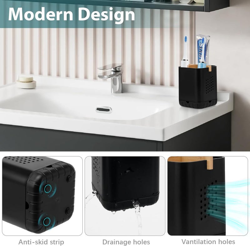 Boperzi Black Toothbrush Holders for Bathroom, Electric Toothbrush Holder with Bamboo Divider, Detachable Anti-Slip Toothbrush and Razor Holder Drainage for Shower, Toothbrush Organizer and Storage - Image 3